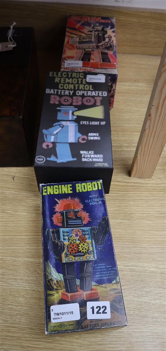 A Horikawa SH, Japan vintage battery-operated Engine Robot and two other robots,